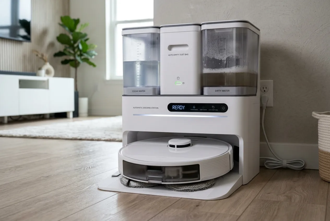 Trạm sạc All-In-One tự động giặt sấy giẻ lau và gom rác thông minh